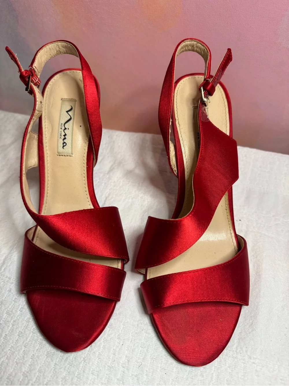 Nina Red Satin Slingback Heels